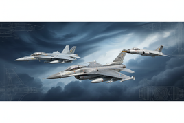 Dynamic formation of 1/48 scale Kinetic jet aircraft models including F-16 Fighting Falcon, F/A-18 Hornet, and F-104 Starfighter flying against dramatic clouded sky with technical blueprint details emphasizing precision scale modeling excellence