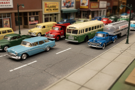 Vintage model cars, trucks, and bus on miniature city street, MPM Hobbies 3D printed collection
