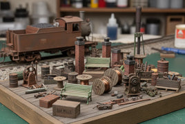 HO scale model train yard diorama with benches, barrels, machinery, wire spools, and locomotive