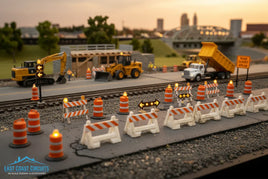 HO scale model construction scene with 3D printed road barriers, cones, and vehicles by MPM Hobbies