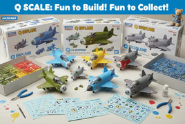Hasegawa Q Eggplane scale model kits with colorful assembled model airplanes, tools, paint, and decals on a hobby workspace, ideal for collectors and DIY model builders from MPM Hobbies.