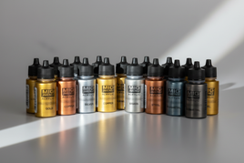 MIG Jimenez acrylic metallic model paints set in gold, copper, silver displayed on a white surface, MPM Hobbies