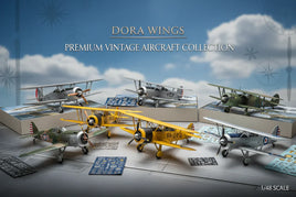 Dora Wings premium vintage aircraft model kits, 1/48 scale, displayed with decals and accessories.