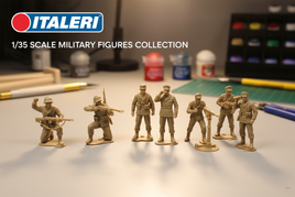 Professional display of 1/35 scale Italeri military figure model kits showing detailed miniature soldiers in tan plastic including WWII partisans, PT boat crew, and Schnellboot crew with Italeri branding on clean workshop background