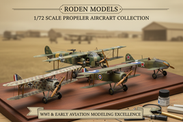 1/72 scale Roden Models propeller aircraft featuring WWI biplanes including German Albatros fighters, British Sopwith Camel, Gotha bombers, and Soviet LaGG-3 with precision rigging, authentic fabric textures, and period military markings