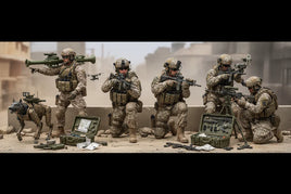 Highly detailed military action figure models with weapons, gear, and robot dog by MPM Hobbies.