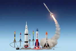 Model rockets launching on a clear sky, featured 3D printed products from MPM Hobbies.
