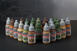 Vallejo Panzer Aces model paint bottles arranged on a black surface, ideal for hobbyists at MPM Hobbies.