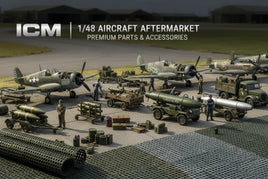 1/48 scale WWII aircraft model kits with premium parts, bombs, trucks, and accessories on airfield