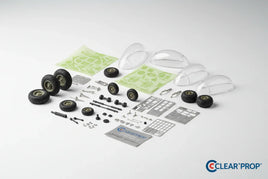 Scale model kit parts including wheels, decals, clear canopies, and metal components from MPM Hobbies