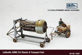 1/72 scale model kit of Luftwaffe JUMO 213 aircraft engine and starter transport cart by IBG Models, with detailed parts and figure, MPM Hobbies product.