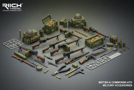 1/35 scale British and Commonwealth military accessories model kit with rifles, helmets, and ammo boxes from MPM Hobbies.