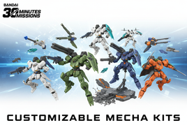 Bandai 30 Minutes Missions collection featuring customizable mecha robots Alto, Portanova, Spinatio in green, white, navy with modular armor and weapons
