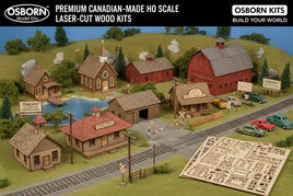 HO scale Canadian model village with laser-cut wood kits, barns, church, and classic cars