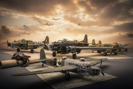 Scale model WWII military aircraft displayed with vintage pilot gear at sunset, MPM Hobbies