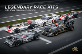Premium 1/20 scale Formula 1 race cars including six-wheeled Tyrrell P34, black and gold Lotus 79, Porsche 935 with Martini stripes, and Honda RA272 with detailed engines, suspension, and authentic racing liveries on motorsport background