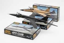 Collection of AFV Club 1/48 scale military jet model kits showing F-5E Tiger II and U-2 Dragon Lady aircraft with authentic panel lines and squadron markings