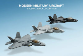 Colorful building block models of F-35 Lightning II F-22 Raptor and SR-71 Blackbird fighter jets arranged dynamically against sky blue background
