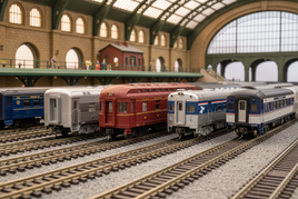 HO scale model trains at a detailed station, MPM Hobbies model railroading products