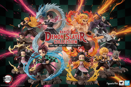 Bandai Demon Slayer collection featuring Tanjiro, Nezuko, Rengoku, Hashira pillars with Nichirin swords and breathing technique effects