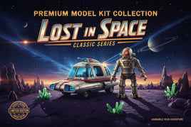 Lost in Space model kit artwork featuring a robot and futuristic vehicle on an alien landscape