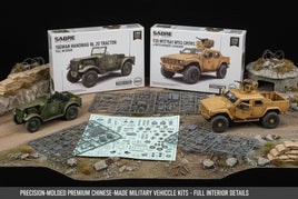 Sabre Model military vehicle scale model kits, Hanomag RL 20 Tractor and M1278A1 M153 Crows, with parts and assembled models on diorama terrain, available at MPM Hobbies.