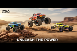 Three colorful RC monster trucks racing and jumping in a desert landscape, IMEX Model Co. branding
