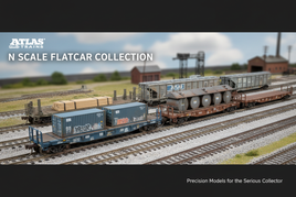 Atlas Trains N scale flatcar model train collection on detailed railway setup at MPM Hobbies