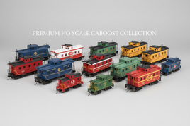 Assorted HO scale model railroad cabooses in authentic Baltimore & Ohio, Santa Fe, Union Pacific, and other classic railroad liveries