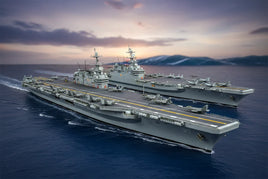 Model aircraft carriers with jets on deck, MPM Hobbies 3D printed products at sea at sunset.