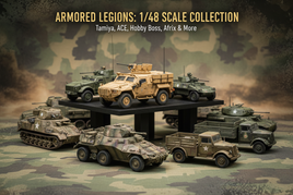 1/48 scale armored vehicle model collection on camouflage backdrop, MPM Hobbies showcase