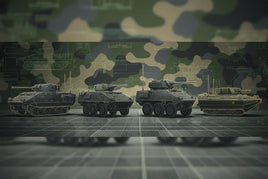 3D printed military vehicle models on display with camo background at MPM Hobbies