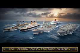 Revell 1/700 scale model ships collection sailing on ocean, sunset background, MPM Hobbies