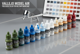 Vallejo Model Air paint bottles with airbrush and color chart for military modeling at MPM Hobbies