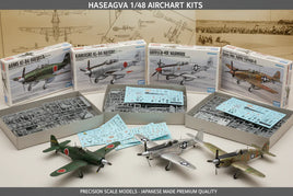 Hasegawa 1/48 scale model aircraft kits from MPM Hobbies with decals and assembled planes