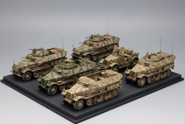 3D printed model German half-track armored vehicles in camouflage, displayed on black base, MPM Hobbies