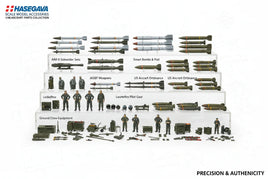 Hasegawa 1/48 scale aircraft model accessories set with missiles, bombs, pilot figures, and ground crew equipment, available at MPM Hobbies.