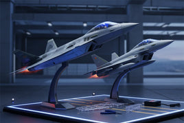 Two detailed 3D printed fighter jet model kits on stands, displayed at MPM Hobbies.