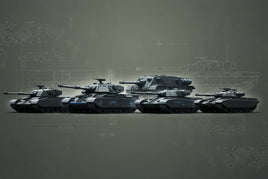 Five detailed model tanks on a gray background, military vehicle models from MPM Hobbies.