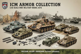 ICM Armor Collection 1/35 scale WWII military model tank kits displayed with assembly parts.