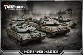 Tiger Model 1/35 scale modern main battle tank plastic model kits including German Leopard II Revolution and Russian T-90M with detailed armor and realistic military camouflage patterns