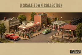 O scale model town diorama with general store, diner, gas station, classic cars, train, and figures from Woodland Scenics, featured by MPM Hobbies.