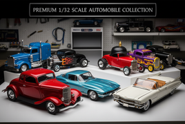 Premium 1/32 scale model cars and trucks collection displayed in a hobby workshop setting