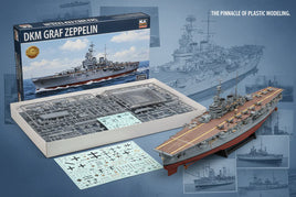 DKM Graf Zeppelin model kit box, unassembled parts, decals, and completed scale ship model from MPM Hobbies.