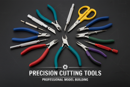 Assorted precision cutting tools for professional model building on black background, MPM Hobbies.
