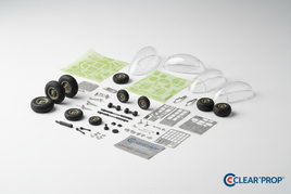 1/48 scale Clear Prop aftermarket aircraft parts including resin wheels, vacuum canopies, and painting masks on white surface