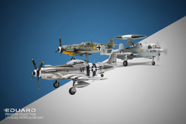 1/72 Eduard propeller aircraft models: P-51D Mustang, Bf 109G-10, E-2C Hawkeye with detailed markings on gradient background