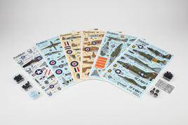 1/32 scale Fundekals aircraft decal sheets with authentic markings for F4U Corsair, Mosquito, Spitfire, F-104, F-4 Phantom and F4F Wildcat including squadron insignia and stencils on white background
