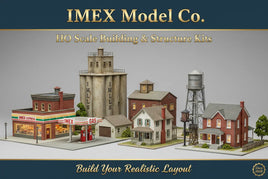 IMEX Model Co. HO scale model building kits, including gas station, houses, and water tower, for realistic hobby layouts.
