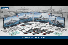 Takom 1/350 scale premium ship model kits with assembly parts and completed warship models, displayed on a tabletop at MPM Hobbies.